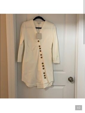 Tibi Cream Long-Sleeve Asymmetric Button Dress